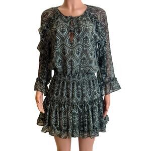 Misa Los Angeles Flutter Sleeve Mini Dress Size M Blue Print Tiered Hem Chiffon